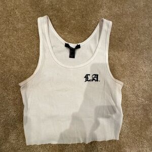 Forever 21 White Ribbed Tank Top with Black Embroidery